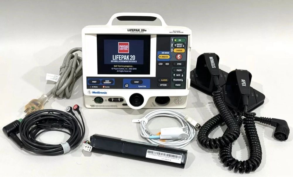 Physio-Control LIFEPAK 20e Defibrillator Monitor Complete With Hard Paddles, Battery, SPO2 Cable, ECG Cable, AED Mode, Pacing, Printer, & Power Cord