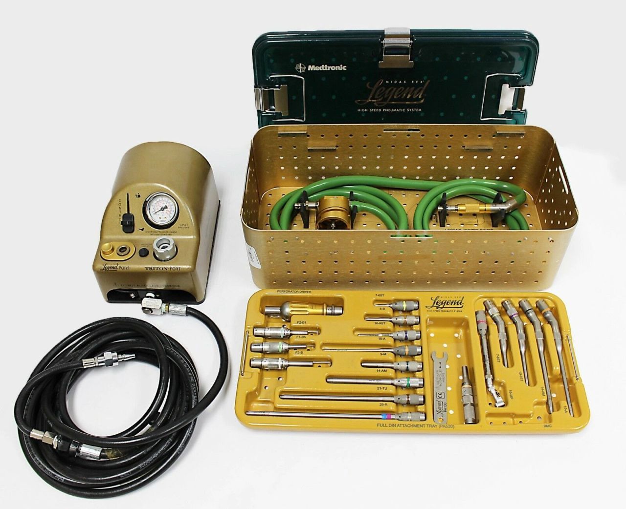 COMPLETE Medtronic Midas Rex Legend Pneumatic V03 Drill Set with 18 Attachments