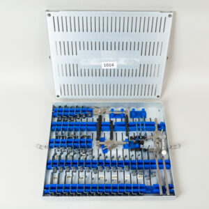 KOROS Clear View Black Belt cervical retractor set with titanium blades, retractor frames, clamps, adaptors, and sterilization case.