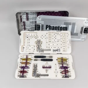 TSI Tedan Phantom TL Conical Cervical Retractor System CS-1400 with conical blunt blades, discectomy blades, step-over retractors, quick-release handles, and sterilization case.
