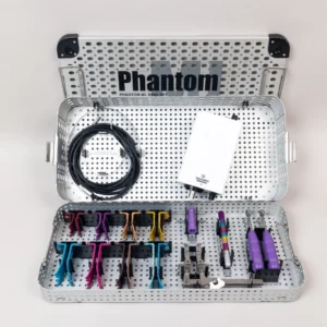 TSI Tedan Phantom HANG 10 lighted midline lumbar retractor system with illuminated lumbar blades, LED light source, fiber optic cable, quick-release handles, depth gauge, and sterilization tray.