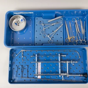 Richard Wolf PANOVIEW 25° nephroscope set with operating sheath, stone grasping forceps, 3-prong grasper, supporting instrumentation, and sterilization case for PCNL procedures.