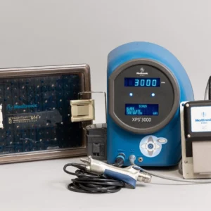 Medtronic M4 StraightShot 1898200T Microdebrider with XPS 3000 console, single-function footswitch, and sterilization case for ENT and sinus surgery.