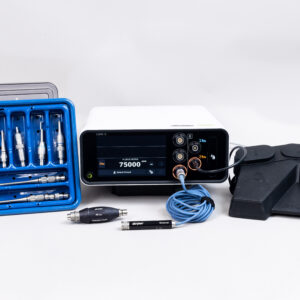 Stryker CORE 2 Console with Pi Drive 2 motor, multifunction foot pedal, blue sterilization tray of surgical attachments, cable, and perforator chuck displayed as a complete orthopedic power system in excellent condition.