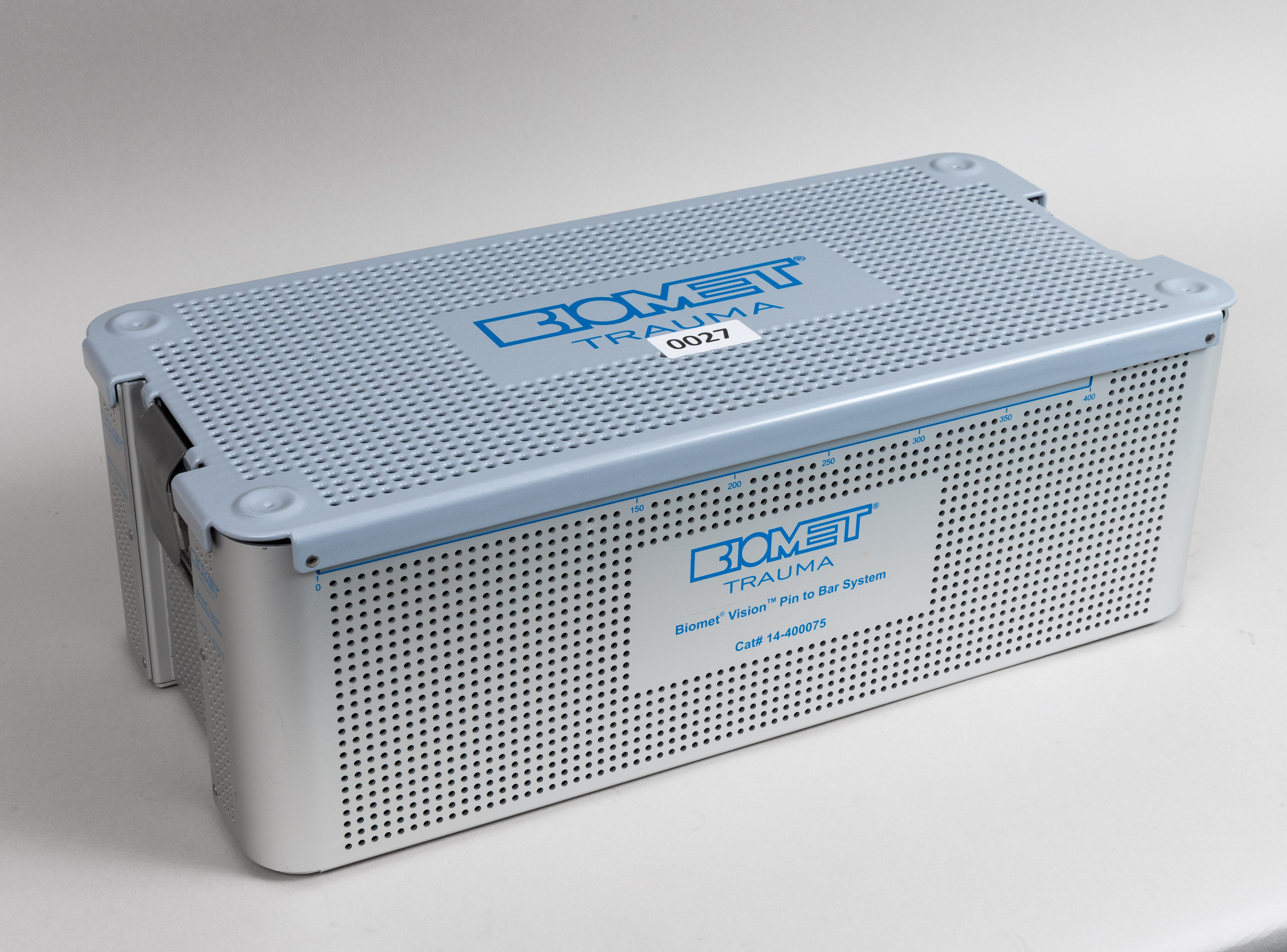Biomet Trauma Biomet Vision Pin to Bar System, catalog number 14-400075, housed in a perforated metal sterilization case with lid.