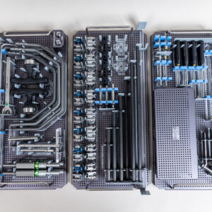Zimmer Biomet Pin to Bar System 14-400075 surgical instrumentation set arranged in sterilization trays with clamps, rods, handles, drivers, and related fixation instruments.