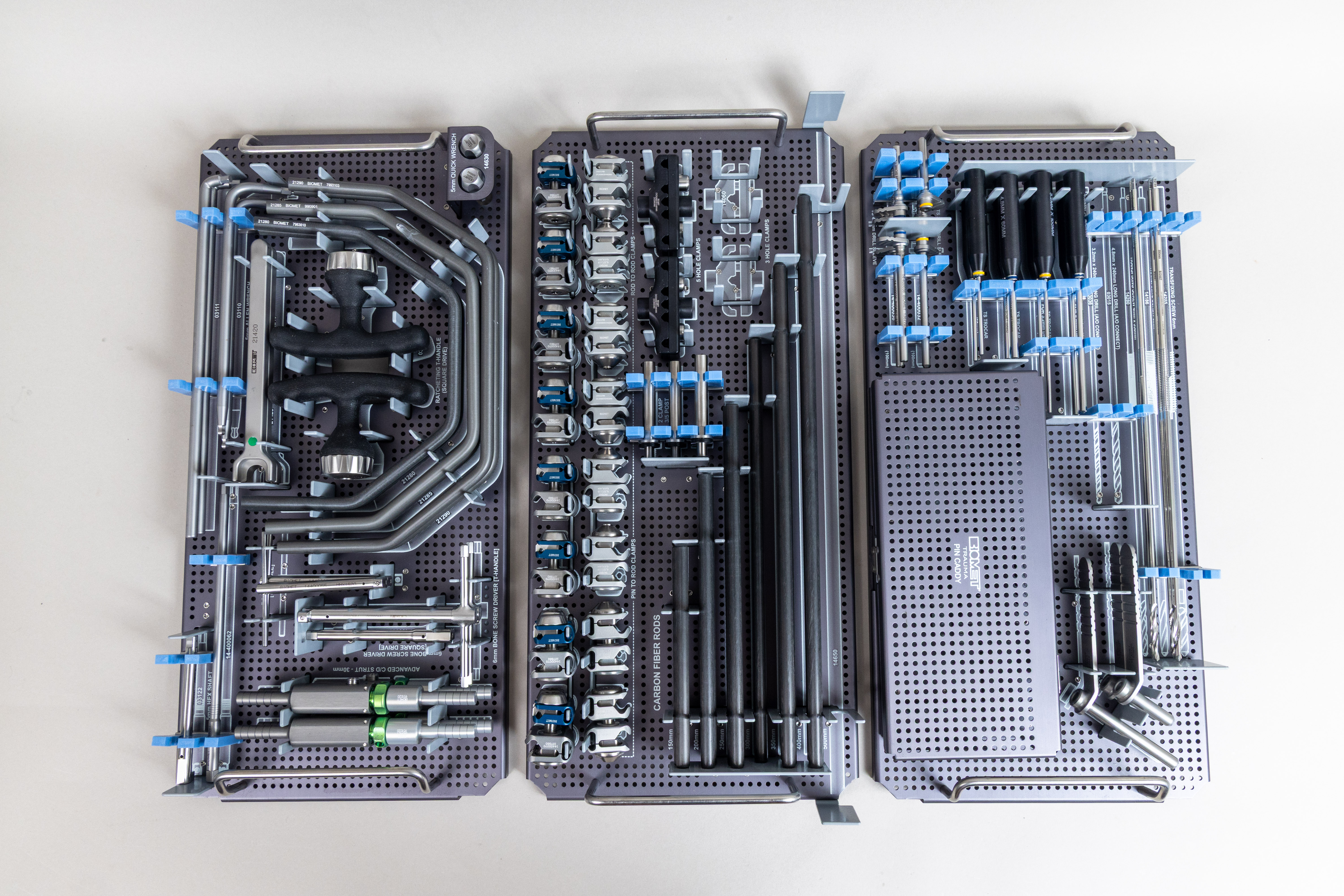 Zimmer Biomet Pin to Bar System 14-400075 surgical instrumentation set arranged in sterilization trays with clamps, rods, handles, drivers, and related fixation instruments.