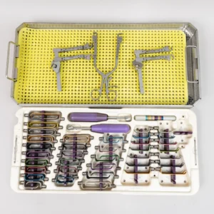 TSI TeDan Phantom Cervical Retractor CS-1600 complete instrument set with cervical blades, retractor handles, depth gauge, retractor frames, and sterilization trays.