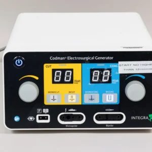Integra Codman Electrosurgical Generator model 901001ESUO manufactured June 2019 with monopolar and bipolar energy outputs for electrosurgical procedures.