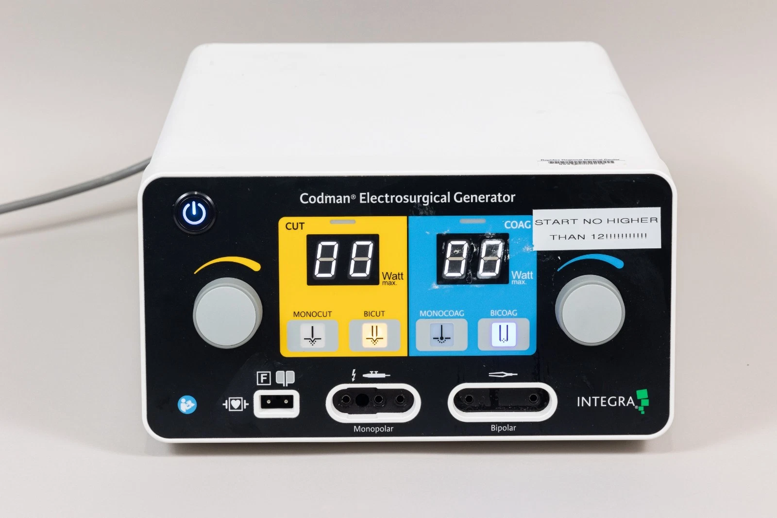 Integra Codman Electrosurgical Generator model 901001ESUO manufactured June 2019 with monopolar and bipolar energy outputs for electrosurgical procedures.