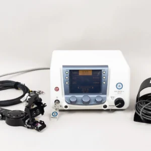 IRIDEX IRIS Medical IQ 810 ophthalmic laser system with footswitch, delivery accessories, control console, and connected cables.