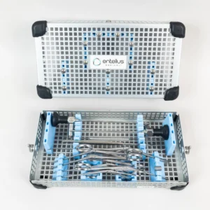 Stryker Entellus FocESS 0° and 30° sinuscopes with MiniFESS ENT sinus instrument set including forceps, seekers, and sickle knife for functional endoscopic sinus surgery.
