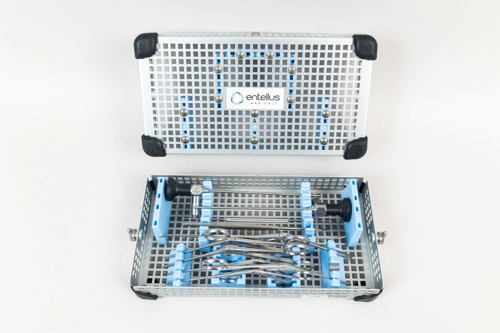 Stryker Entellus FocESS 0° and 30° sinuscopes with MiniFESS ENT sinus instrument set including forceps, seekers, and sickle knife for functional endoscopic sinus surgery.