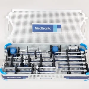 Medtronic Navigated CD Horizon ModuleX Spinal System with lumbar and thoracic probes, locking drivers, driver sleeves, navigation instruments, and sterilization tray.