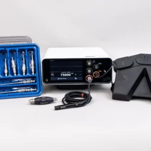 Stryker πdrive 2 Plus System with CORE 2 Console, foot controller, craniotomy attachments, drill attachments, Maestro reducer, perforator attachment, and sterilization case.