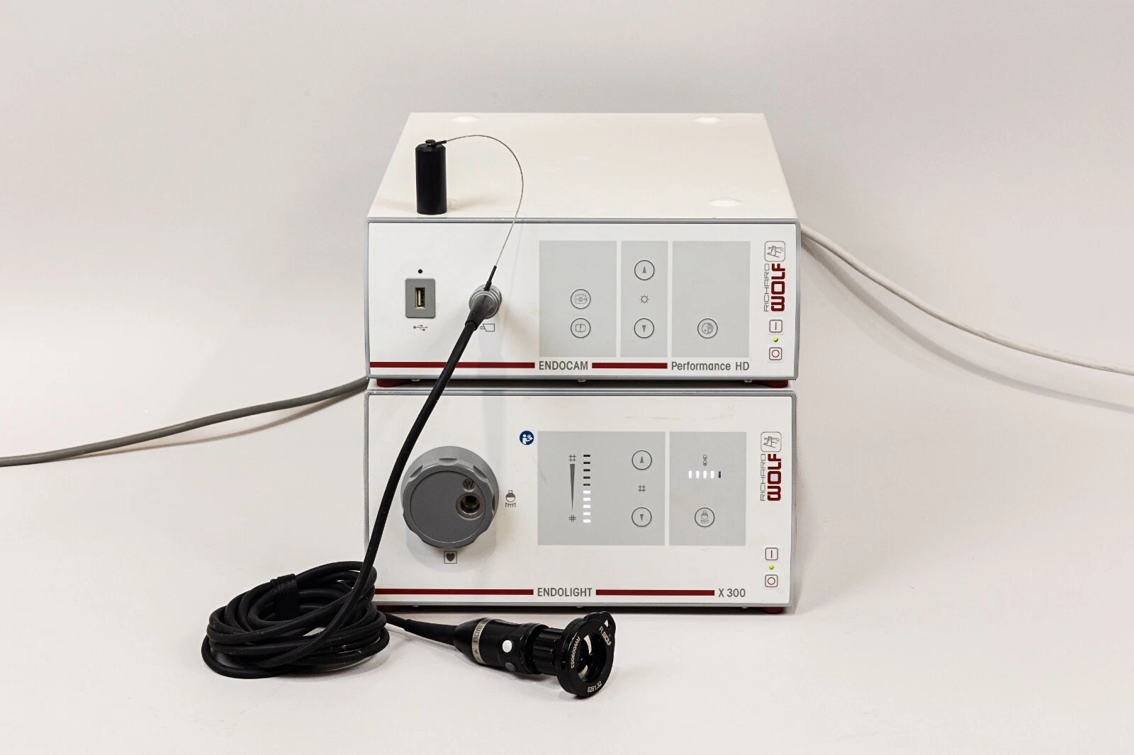 Richard Wolf Endocam Performance HD camera control unit 5514751 with EndoCam camera head 5514951, ENDOLIGHT X300 xenon light source, and RIWO C-mount coupler.