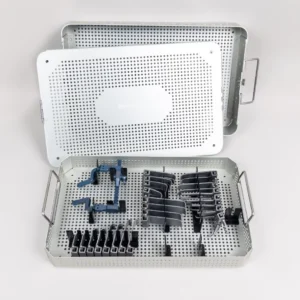 Millennium Surgical McCulloch Lumbar Retractor System with titanium hinged retractor frame, wide tooth blades, narrow tooth blades, hook blades, multi-hook blades, and sterilization case.