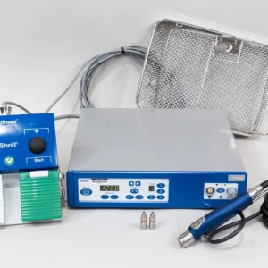 joimax Shrill Multi-functional Drill and Resection System with Shrill console, Shrill PLUS shaver handpiece, footswitch, sterilization tray, and cleaning adaptor for endoscopic spine surgery.