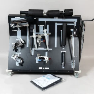 Mizuho OSI TRIOS Accessory Cart with mounted TRIOS positioning accessories, clamps, supports, pads, and transport handles for surgical table organization.