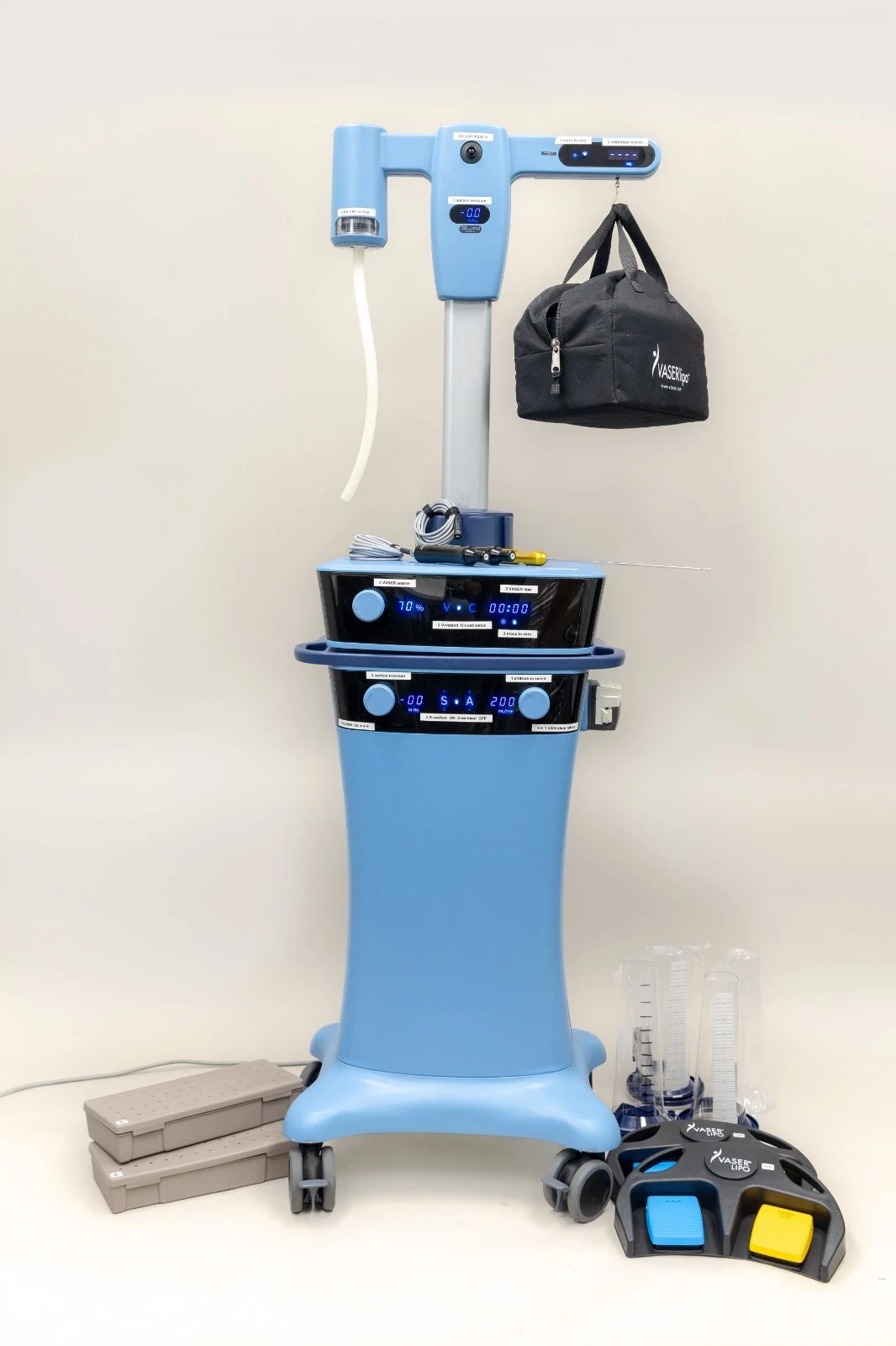 SOLTA VASER PRO 2.2 ultrasonic body contouring system with VentX infiltration and aspiration console, handpieces, wireless footswitches, and accessories.
