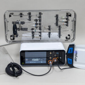 Stryker 5407-350-000 Pi Drive 2 Plus surgical power system set with CORE 2 console, NSE foot controller, motor, 15 surgical attachments, and large sterilization tray, displayed on a clean surface. Includes multiple straight, angled, craniotomy, perforator, reducer, and minimally invasive surgery attachments. Used equipment in excellent working and cosmetic condition with a 90-day warranty, available from Simon Medical, Inc.